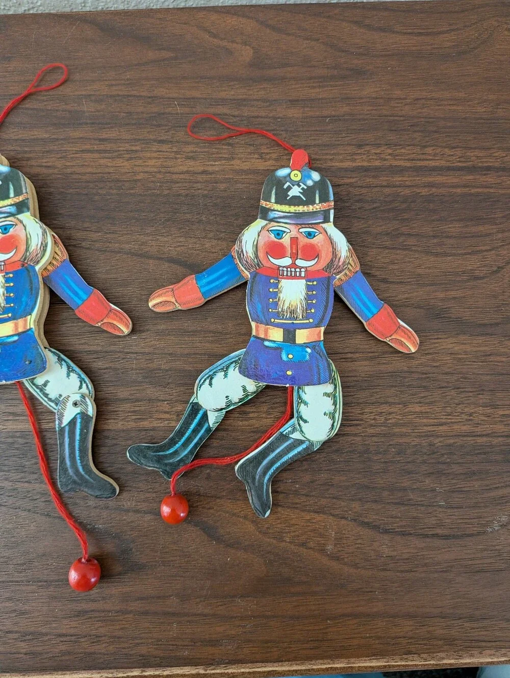 2 Vintage Christmas Nutcracker Pull String Jumping Jack Wooden Puppet Ornaments